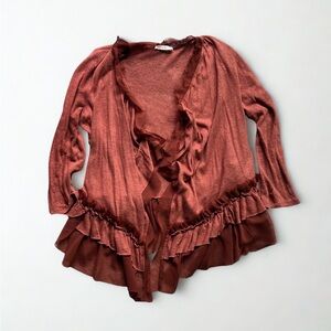 Ruffled Open-Front Cardigan in Rust